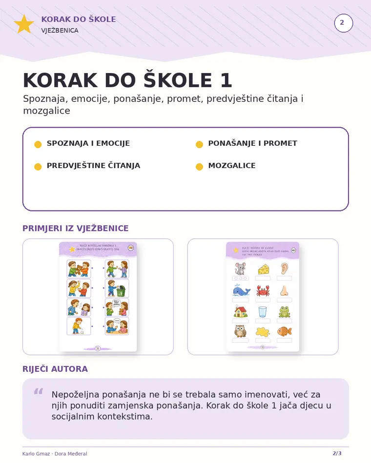 Primjeri sadržaja iz vježbenice Korak do škole 1